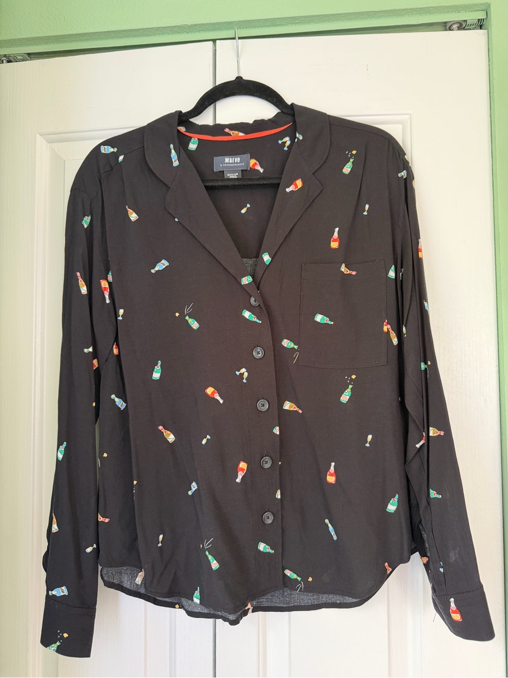 Maeve by Anthropologie Cheers Champagne bottle print shirt. Size Medium EUC. - Picture 2 of 5